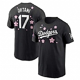 Men's Los Angeles Dodgers #17 Shohei Ohtani Black 2025 Tokyo Series Name & Number T-Shirt,baseball caps,new era cap wholesale,wholesale hats